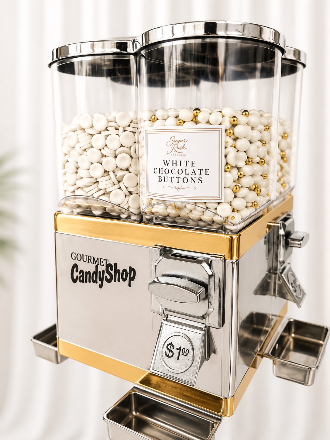 Sugar Rush Sweet Surprise Vending machine filled with white chocolate buttons and gold pearls