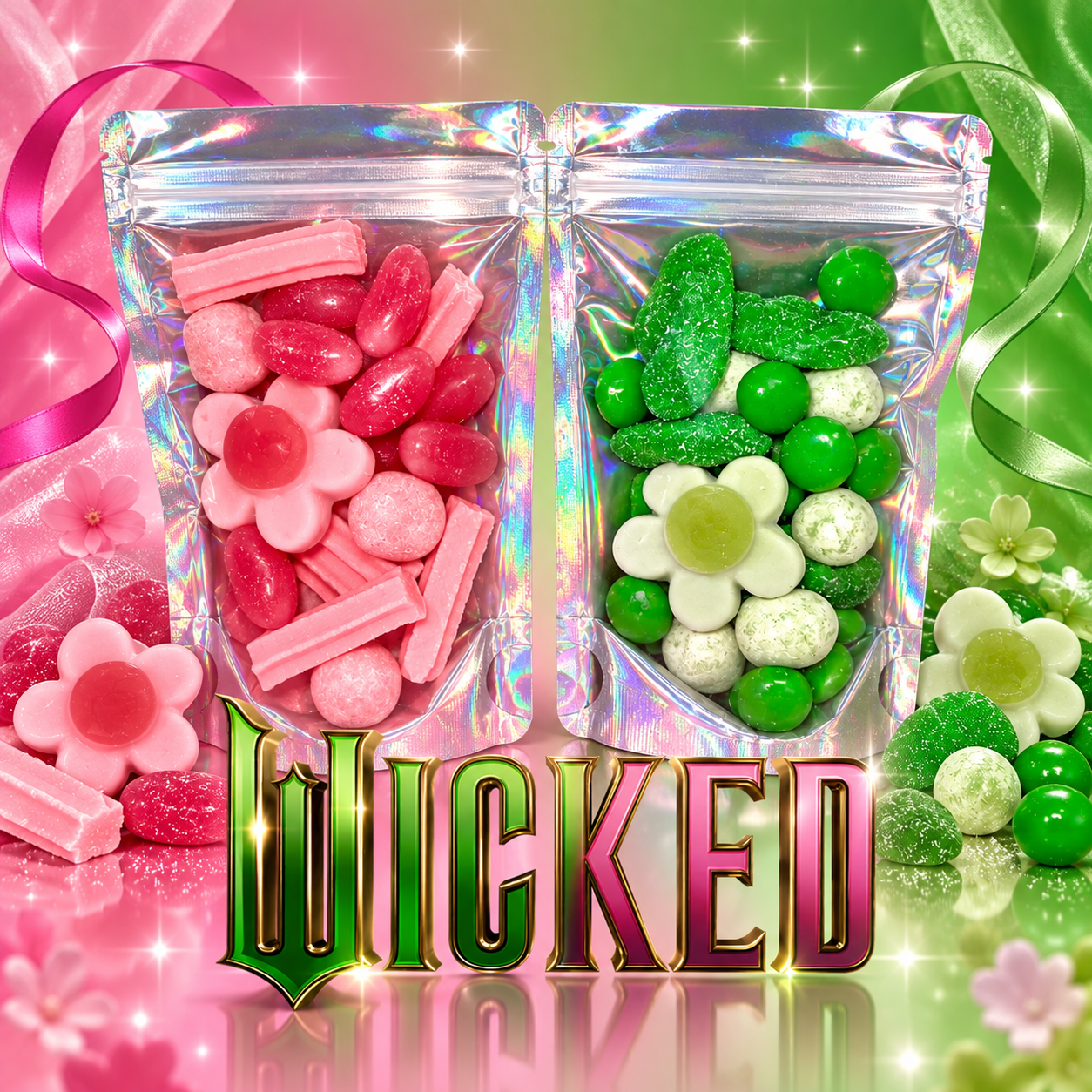 Pink and green Wicked themed favour bags filled with matching colour-coordinated lollies