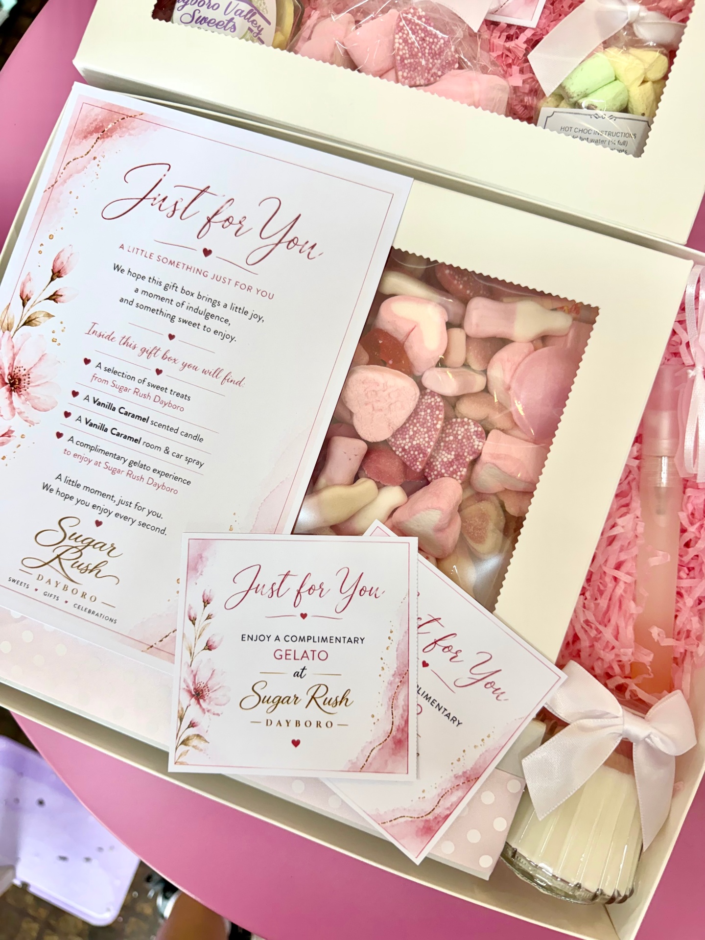 Just for You gift box close-up with pink marshmallow hearts, Sugar Rush card and complimentary gelato voucher