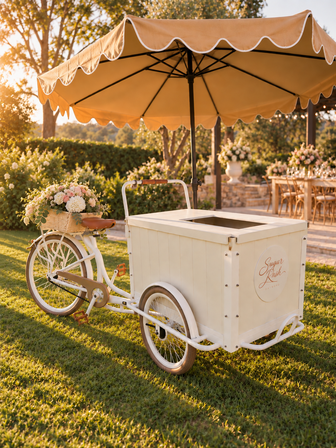 The Sugar Rush gelato cart styled beside an outdoor wedding reception table