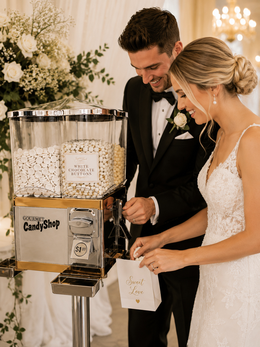Bride and groom filling a Sweet Love favour bag at the vending station