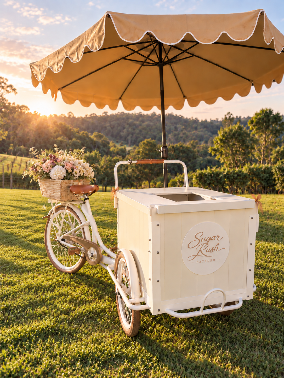 The Sugar Rush gelato trike with its gold parasol set on a country lawn at sunset