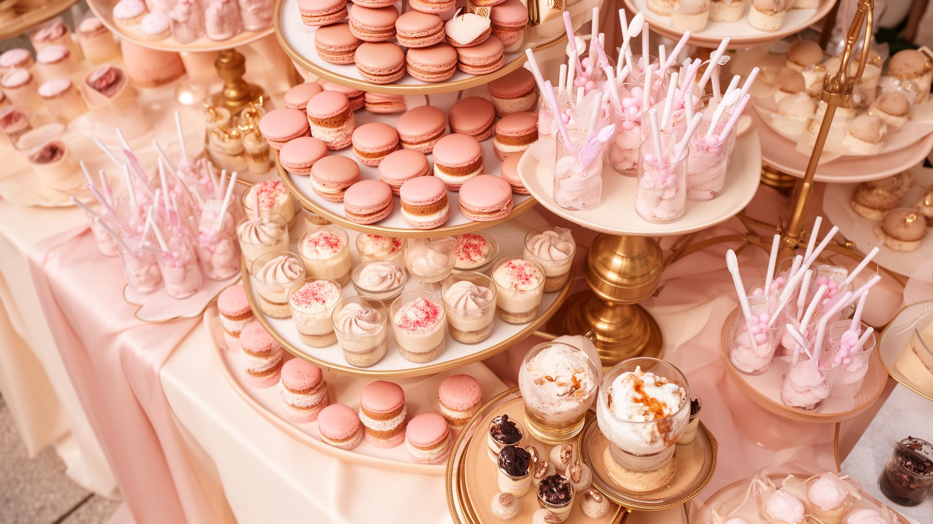 Luxury dessert bar styled in blush and gold with macarons, mini cakes and gelato
